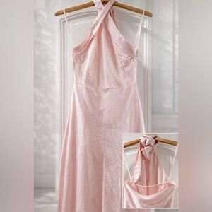Elegant Halter Satin Maxi Dress in Blush pink